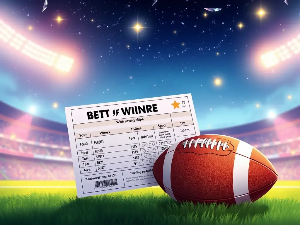 A digital illustration depicting a winning betting slip with a football in the background, symbolizing successful football predictions and betting outcomes.