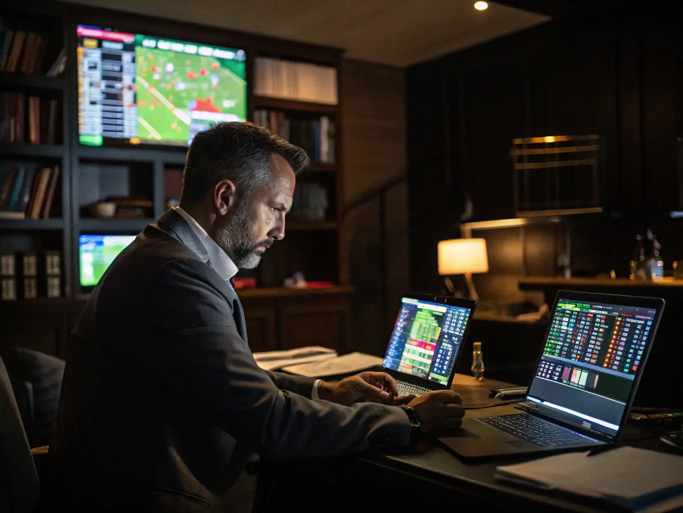 An image showcasing a person analyzing football statistics on a laptop, with various charts and data visualizations surrounding them, representing in-depth analysis.