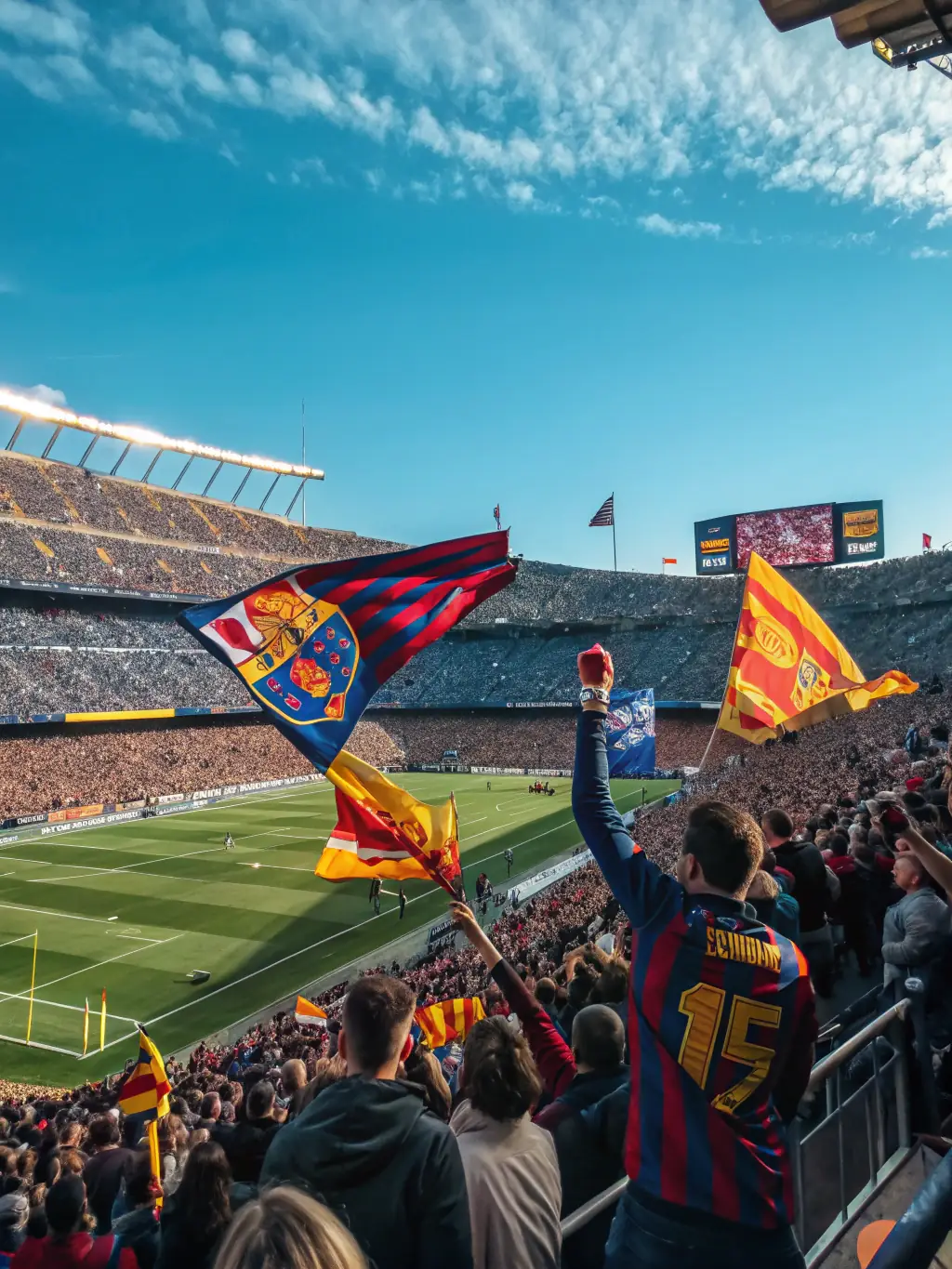 A digital illustration of a football stadium filled with cheering fans, with a spotlight shining on the center of the pitch, symbolizing the excitement of an upcoming match.